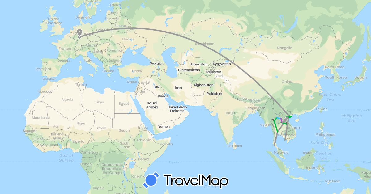 TravelMap itinerary: driving, bus, plane, train, boat, motorbike in Germany, Laos, Thailand, Vietnam (Asia, Europe)
